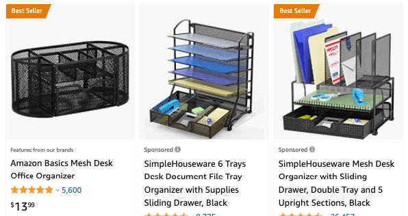 Images of desk organizer product listings on Amazon