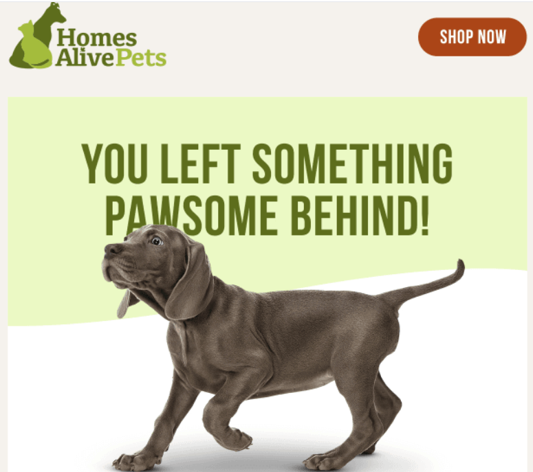 Homes Alive Pets cart recovery email featuring a dog