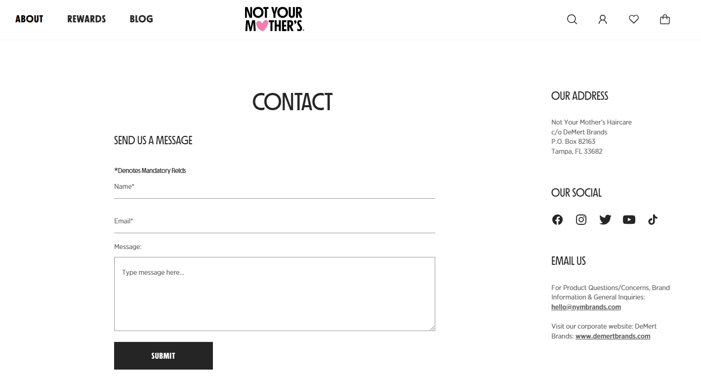 Contact page on Not Your Mother's website