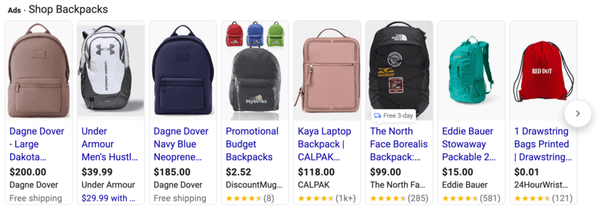 backpacks google carousel ad