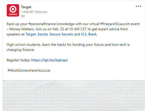 LinkedIn post from Target detailing their personal finance event