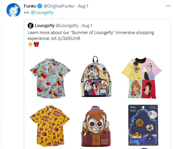 Loungefly tweet about Funko products retweeted on Funko's profile