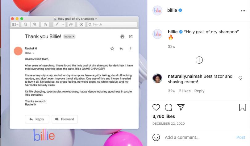 Testimonial from Billie shared on Instagram