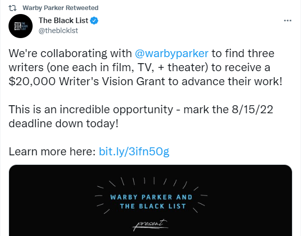 Warby Parker's retweet of Black List's tweet on a contest