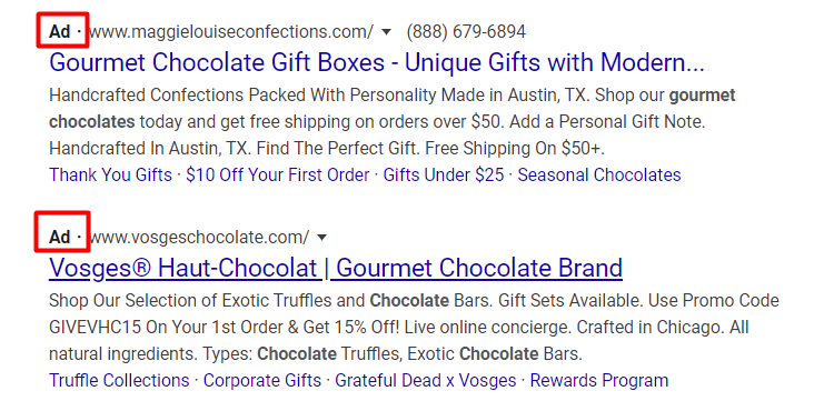 gourmet chocolate ppc ads seo vs google ads