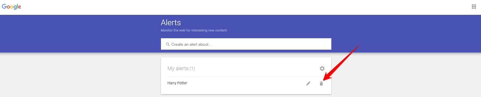 Google Alerts delete icon