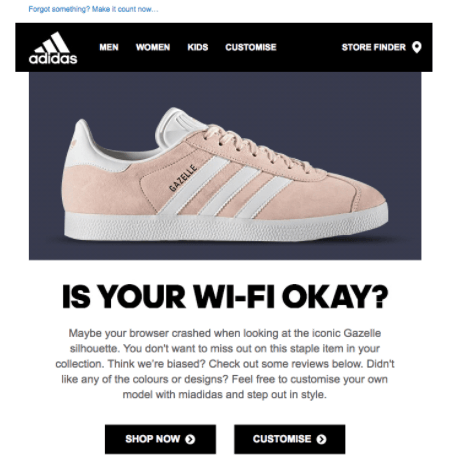 Adidas cart recovery email featuring the abandoned shoe