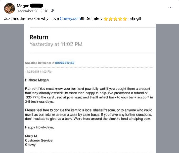 Testimonial from a Chewy customer