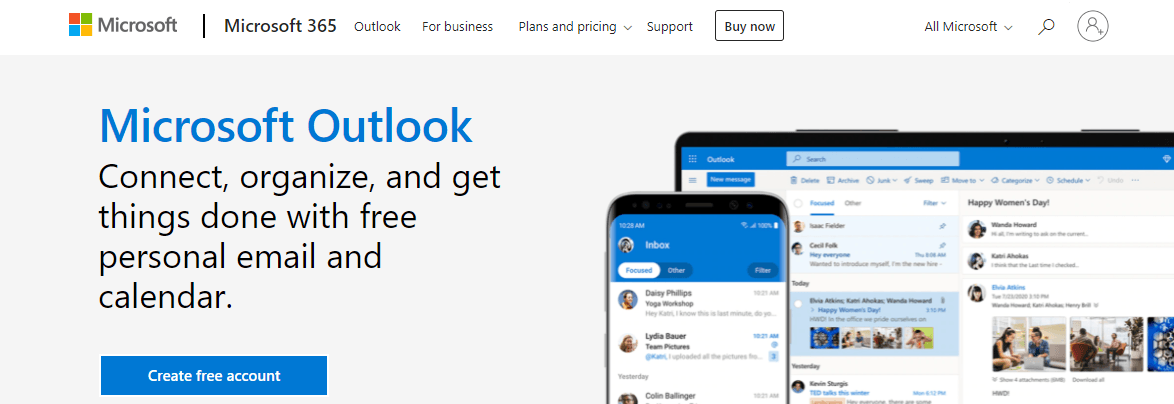 Homepage for Microsoft Outlook's email service program