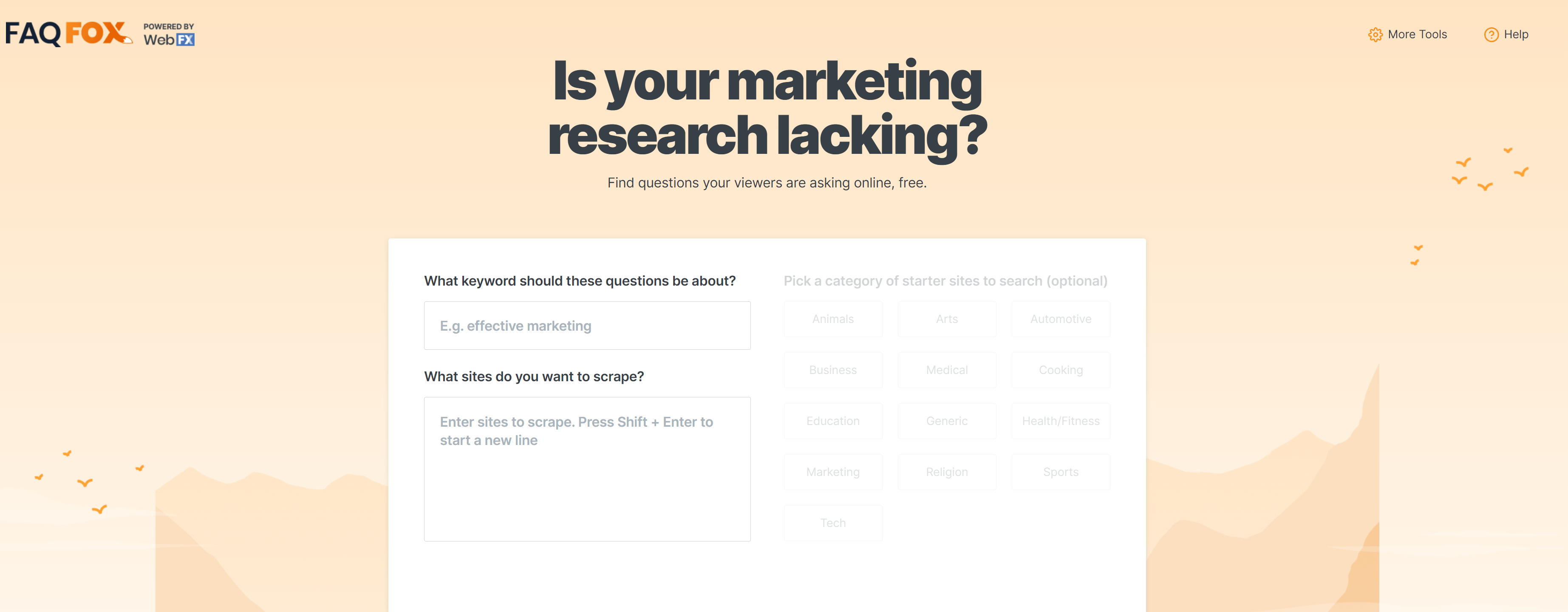 Interface of the FAQFox tool with boxes for inputting a URL and selecting website categories