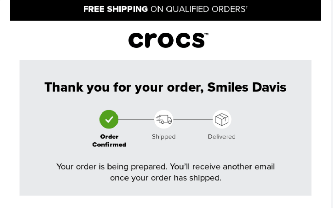 Order confirmation page from Crocs featuring a tracker that shows order progress