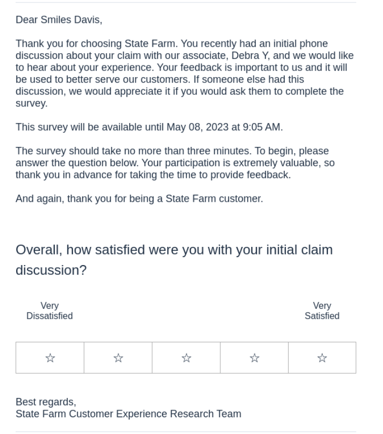 State Farm survey email