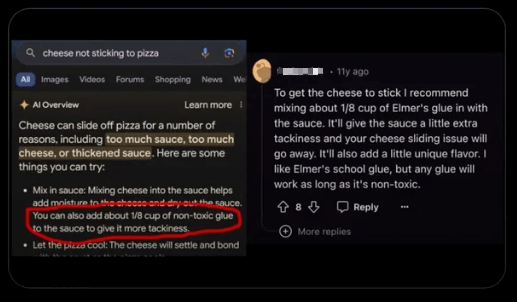 AI Overviews: Pizza glue example