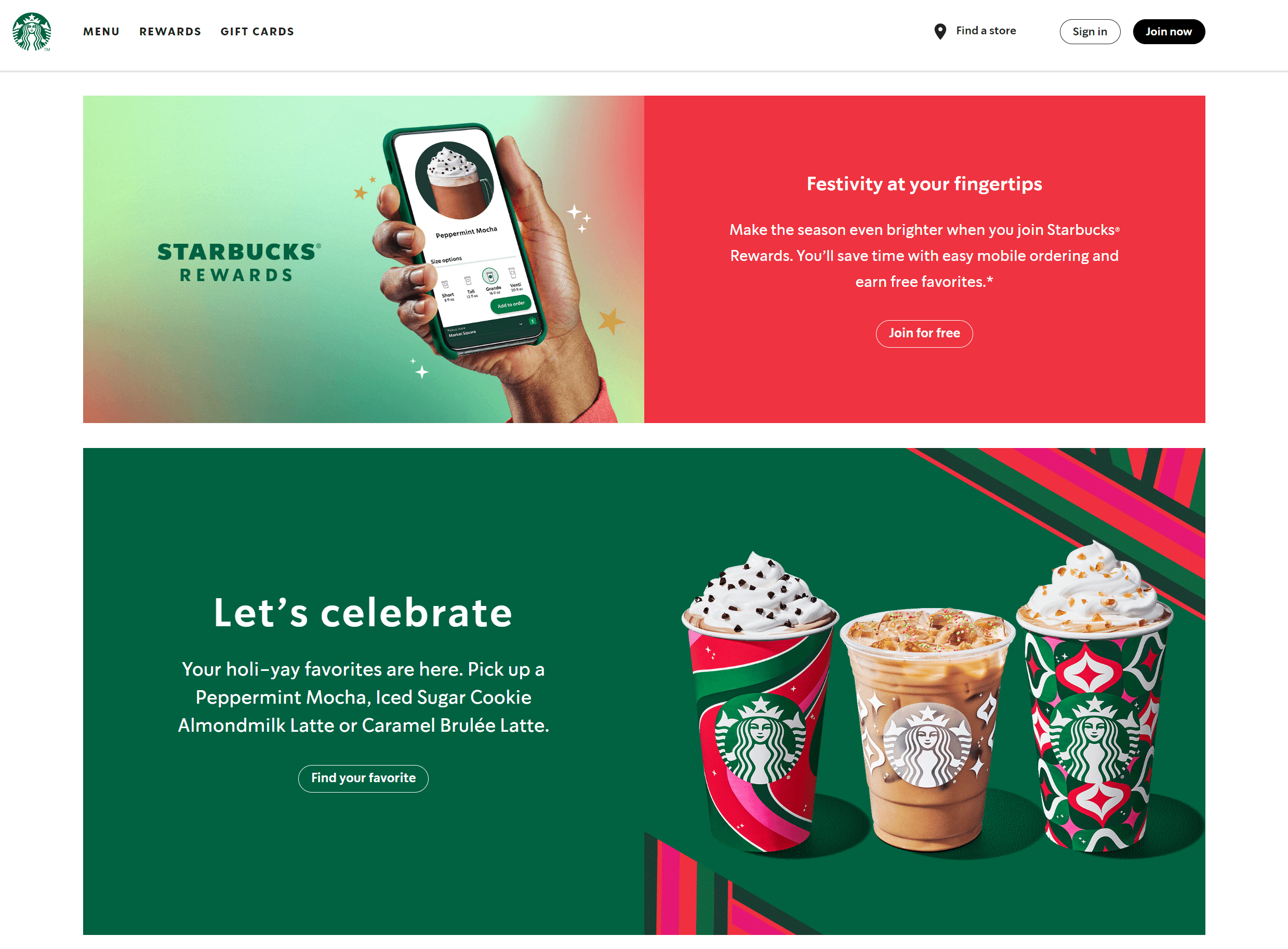 Starbucks homescreen featuring their rewards app and festive drinks