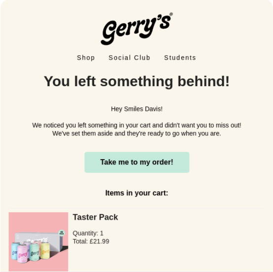 Gerry's cart recovery email reminding the shopper of their cart contents