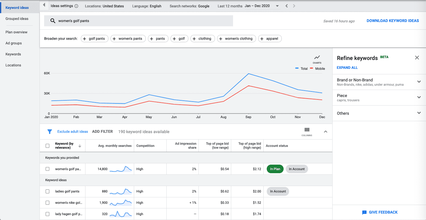 filter options on Google Keyword Planner