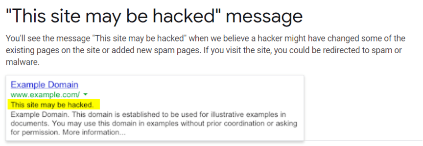 "This site may be hacked" Google message