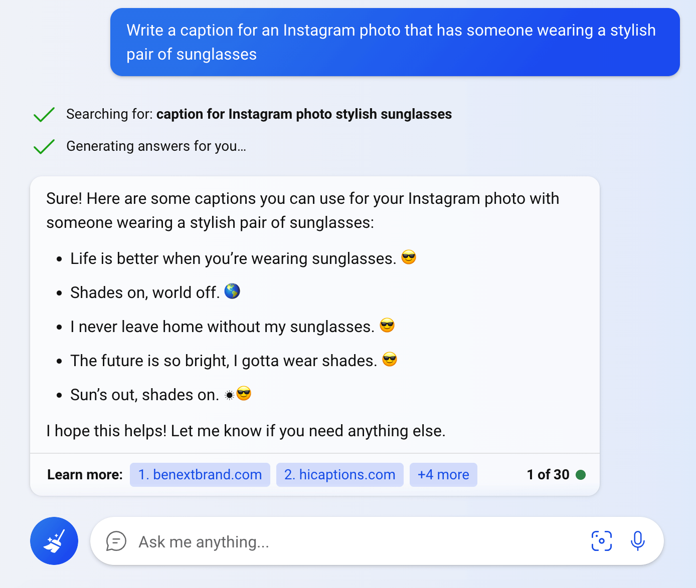 Bing generating a list of Instagram captions with the prompted suggestion of writing a caption for someone wearing stylish sunglasses