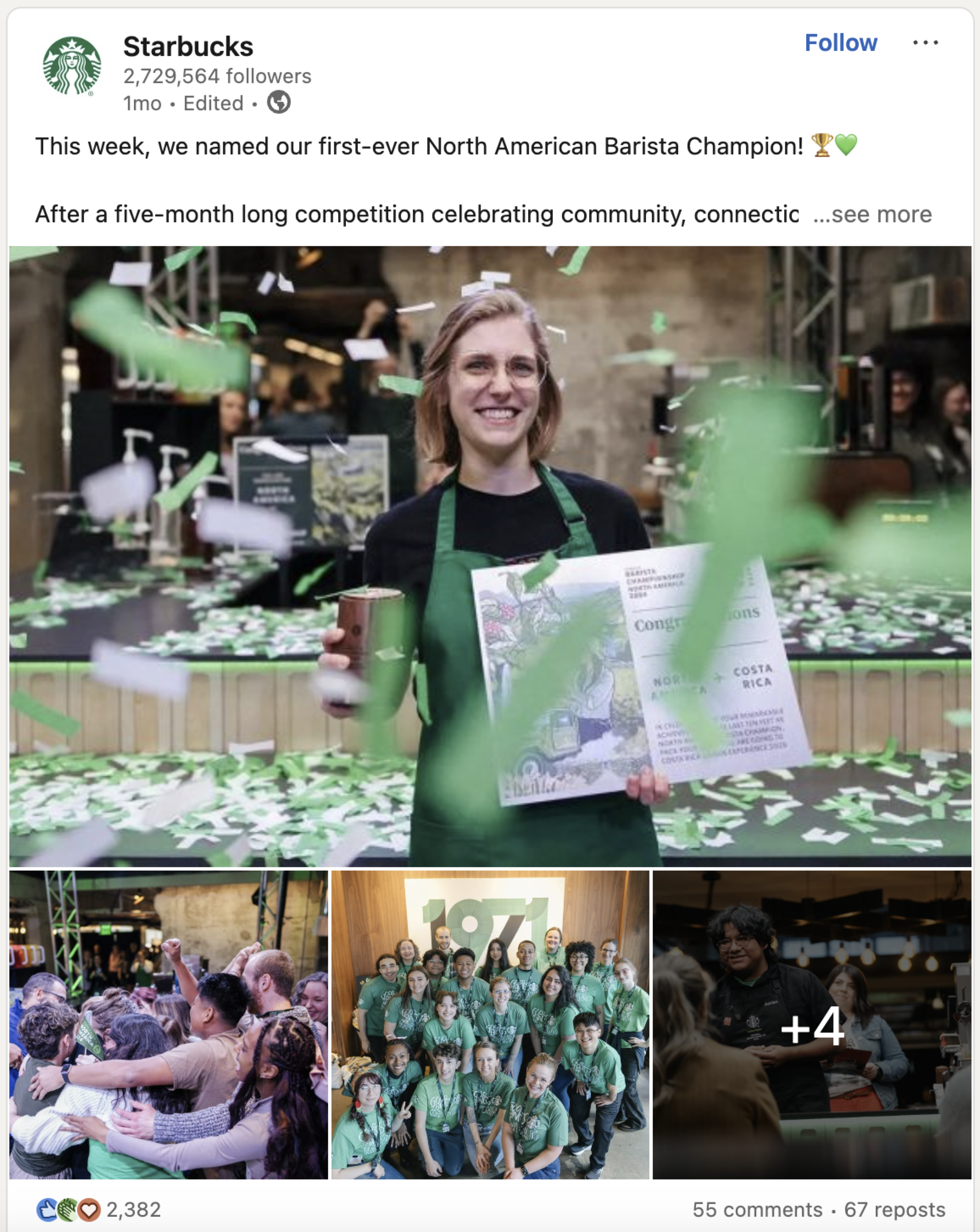 starbucks linkedin post celebrating employee achievement