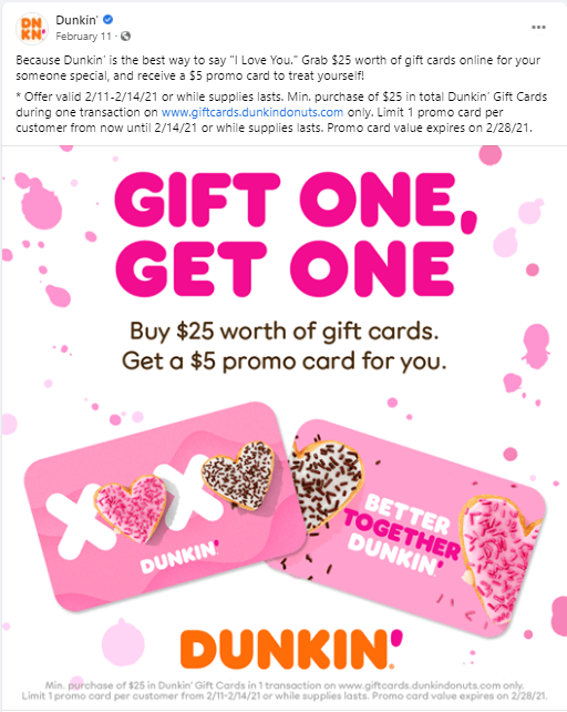 Dunkin' social media post about a gift card promotion