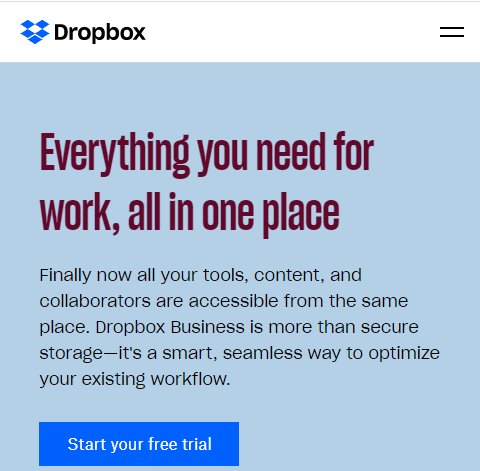 Mobile version of Dropbox's website