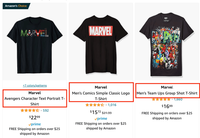 Product titles for Marvel t-shirt product listings on Amazon