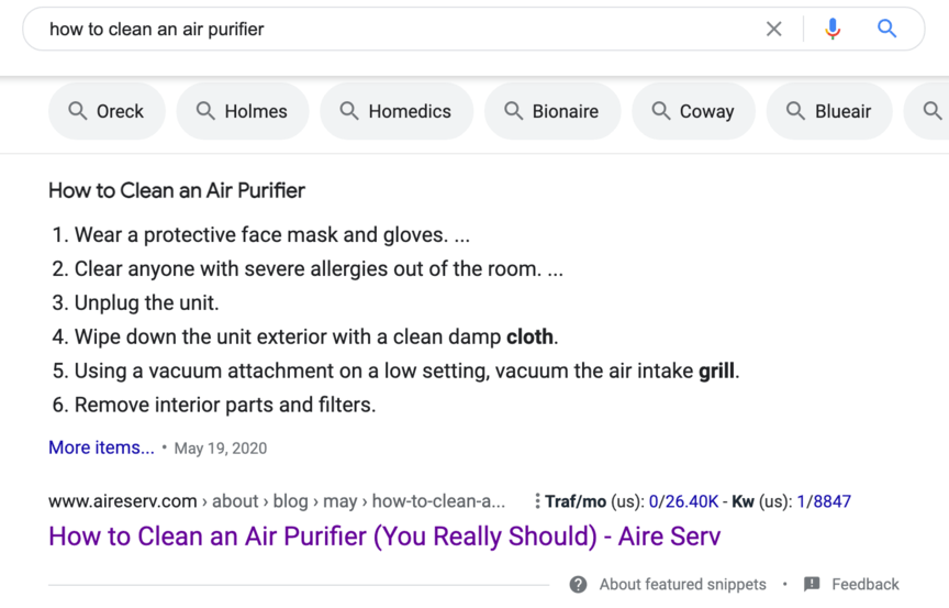 how to clean an air purifier featured snippet