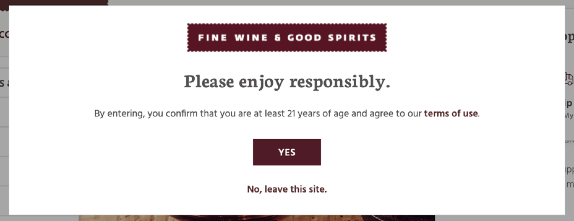 Screenshot of age confirmation modal from Fine Wine and Good Spirits