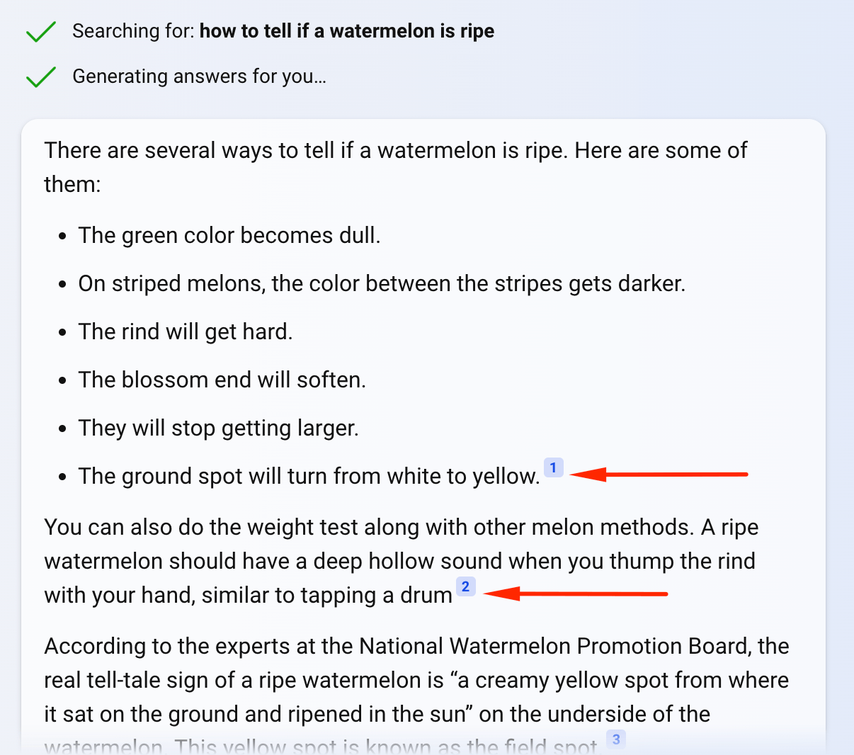 Arrows pointing to footnotes from a Bing AI response