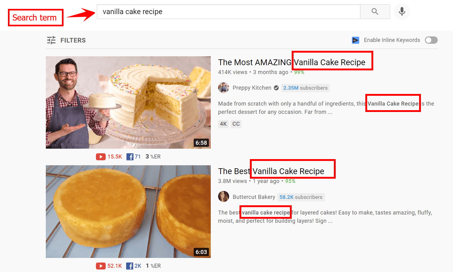 YouTube search results featuring the keyword 'vanilla cake recipe'