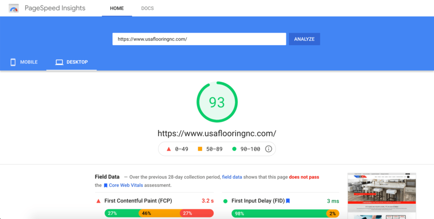 usa flooring pagespeed insights score