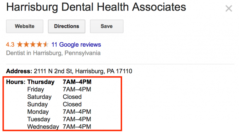 Example of hours listing on Google My Business