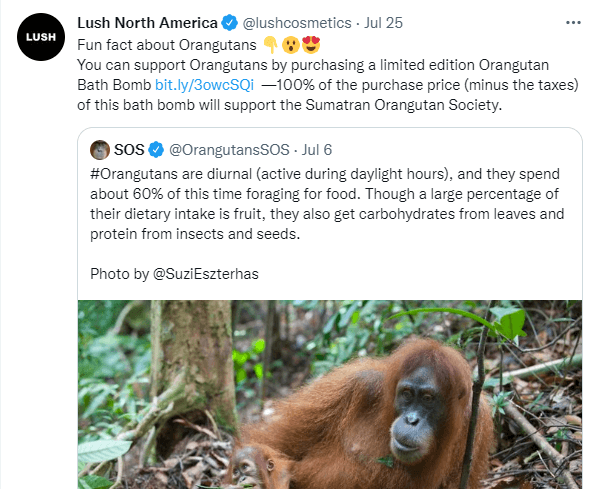 Lush tweet with facts about orangutans