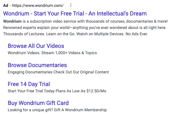 Wondrium paid search ad