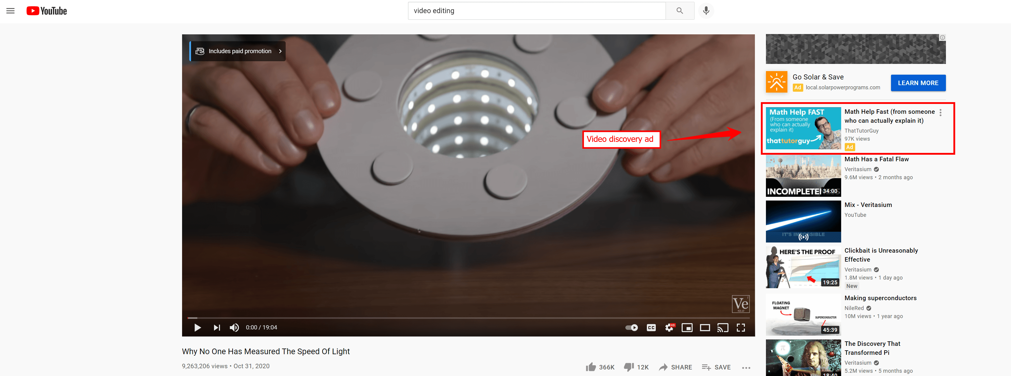 YouTube discovery ad for learning math that appears as a suggestion while a video is playing