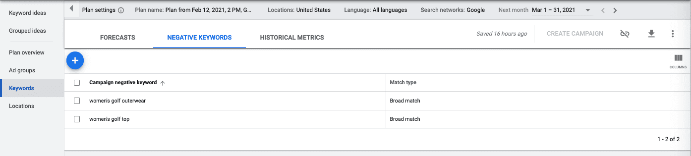 a negative keyword list on Google Keyword Planner