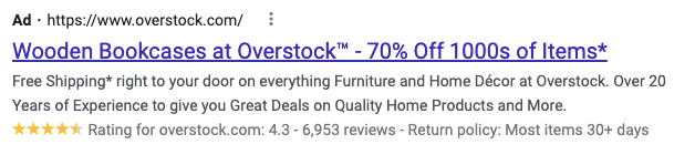 Paid search ad for Overstock