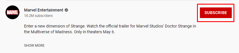 Subscription button on Marvel's YouTube page