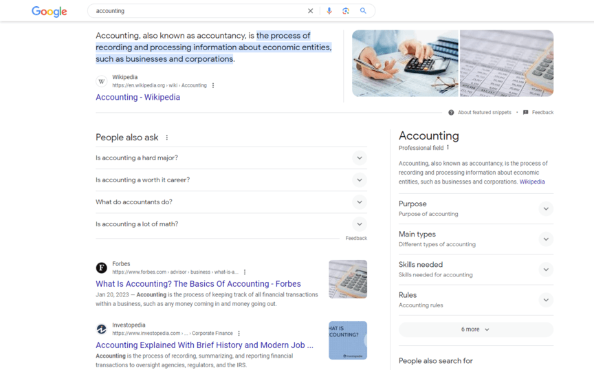 accounting short tail keyword serps