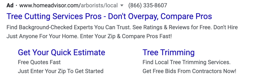 homeadvisor tree cutting ppc ad 1