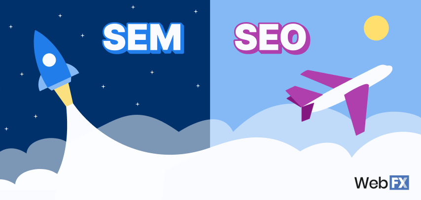 Graphic depicting a SEM rocket ship and SEO airplane