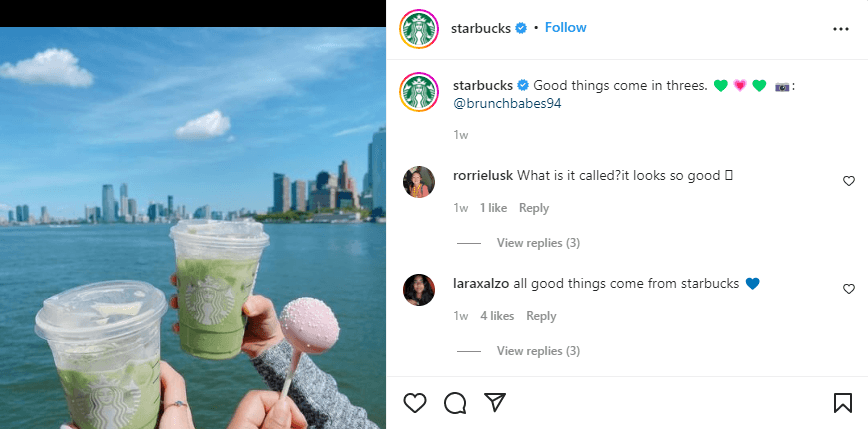 Starbucks content on their instagram that was curated from a follower and features their cake pops and drinks