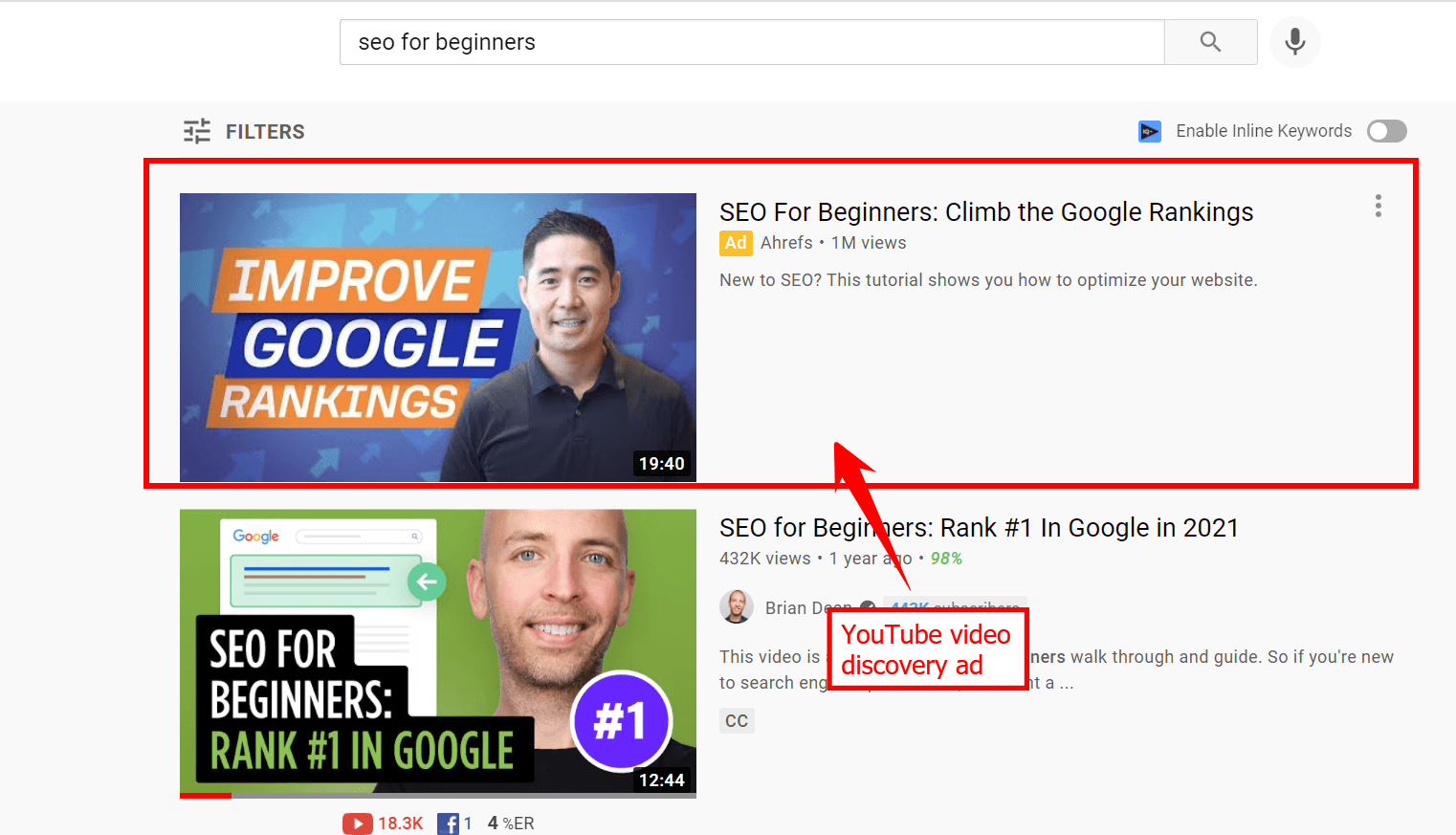 YouTube video discovery ad featuring an Ahrefs video on SEO