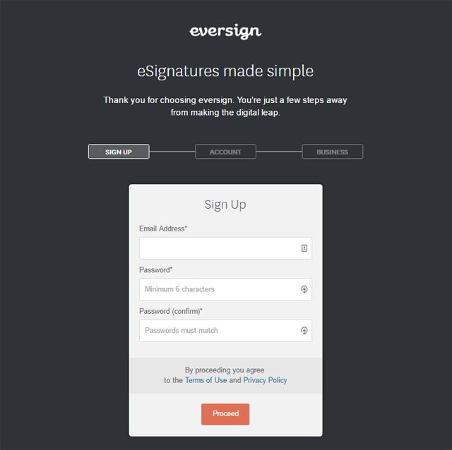 eversign sign-up page