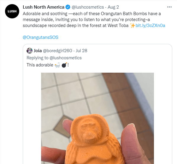 Lush Cosmetics tweet about their orangutan bath bomb