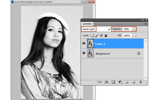 Decrease photographic details using the Hard Light blend mode.