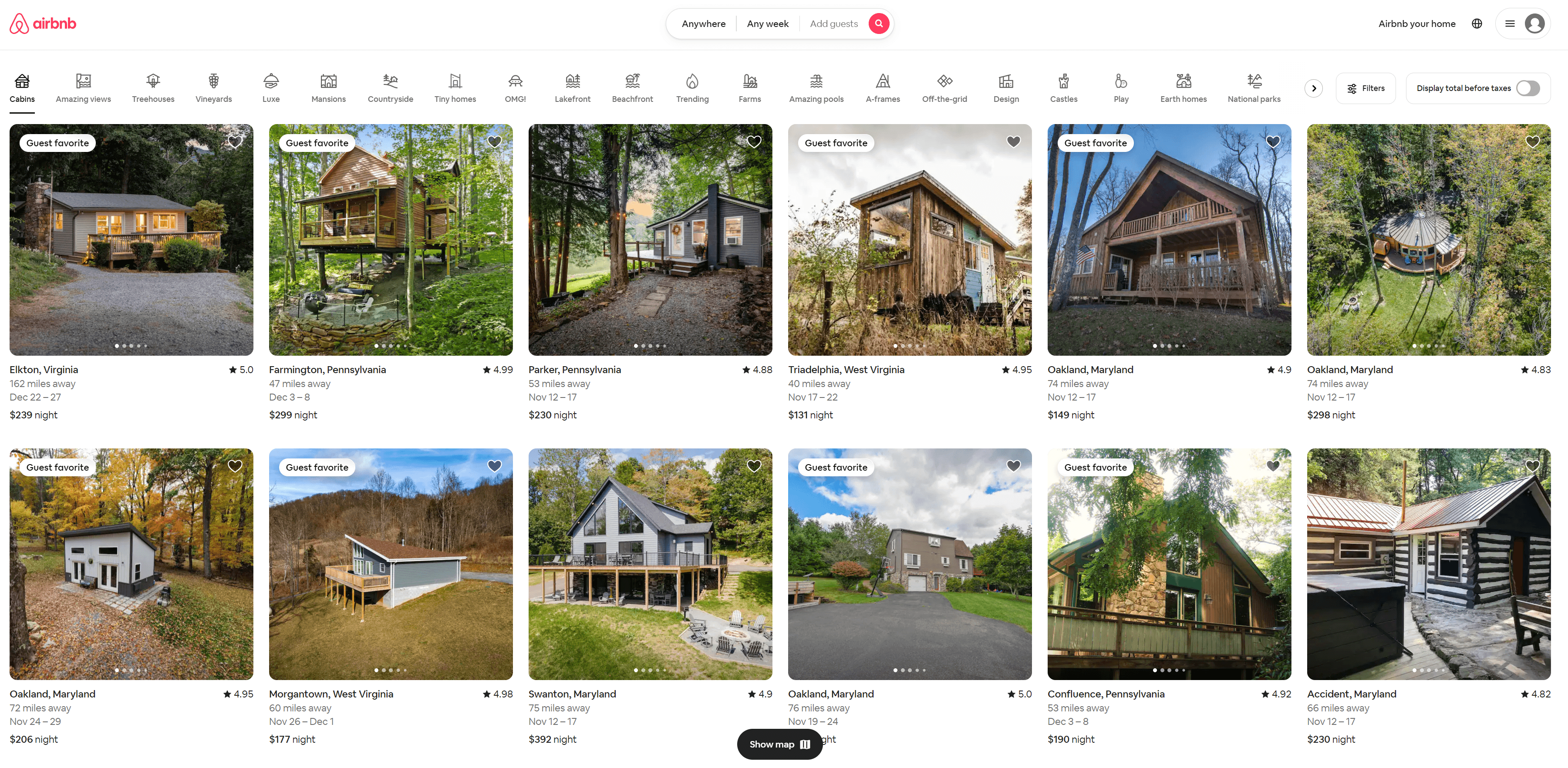 Airbnb website homepage including current listings 