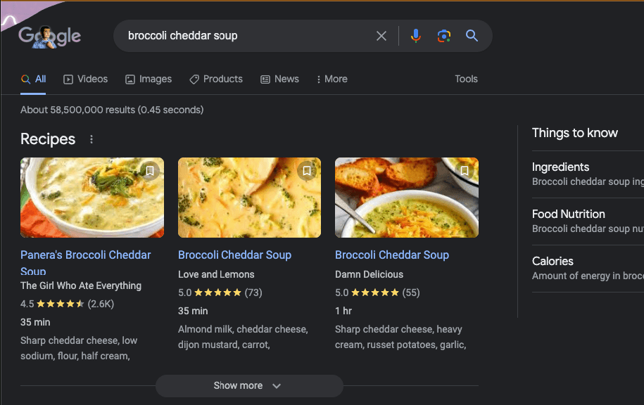 Google search for broccoli cheddar soup