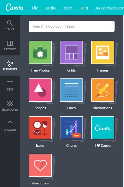 screenshot of the elements tab in canva